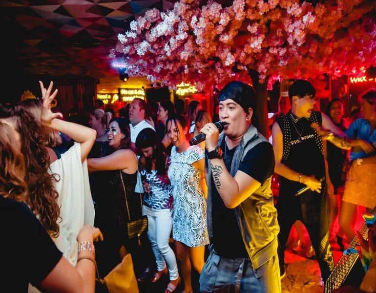 Crowd dancing to a resident DJ at Mr. Miyagi's Dubai