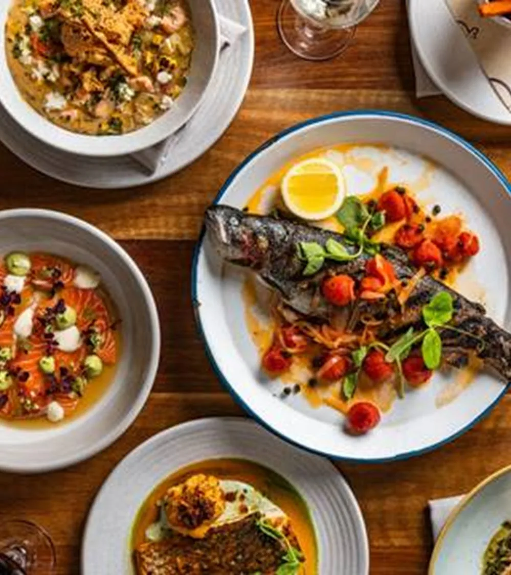 Overhead spread of Asian street food at Mr. Miyagi's